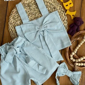 سه تیکه کراپ شلوارک راه راه پاپیونی 