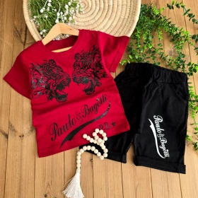 تیشرت شلوارک دو سر ببر تکرنگ زرشکی کارو 