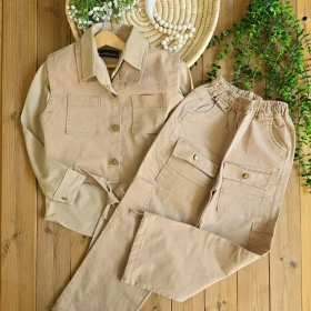 سه تیکه کتان دخترانه تکرنگ کرم با شلوار کارگو -جستینو